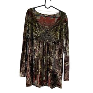 One World Womens Velvet Forest Fairy Grunge Boho Flowy Beaded Detail Top L